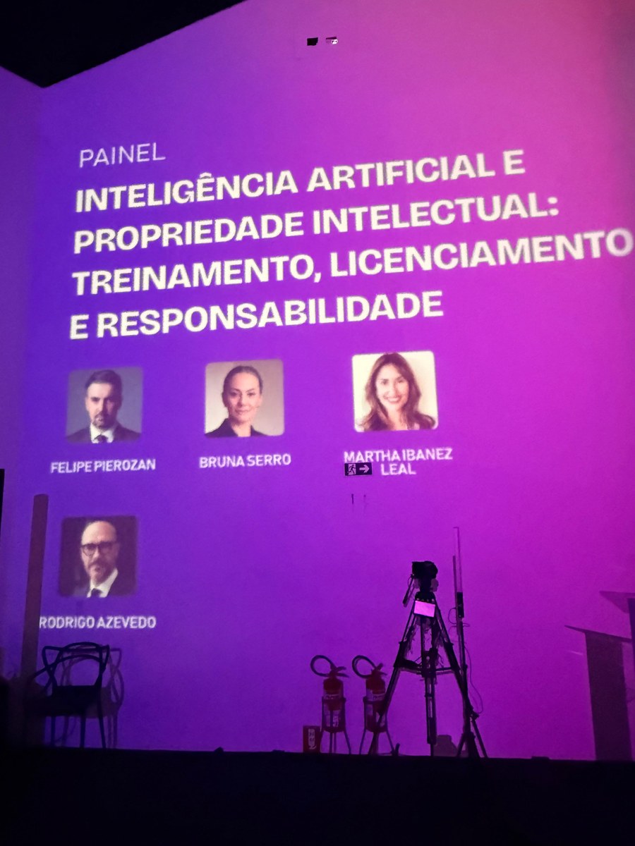 Telão com o título do painel e os painelistas Felipe Pierozan, Bruna Serro, Martha Ibanez Leal e Rodrigo Azevedo